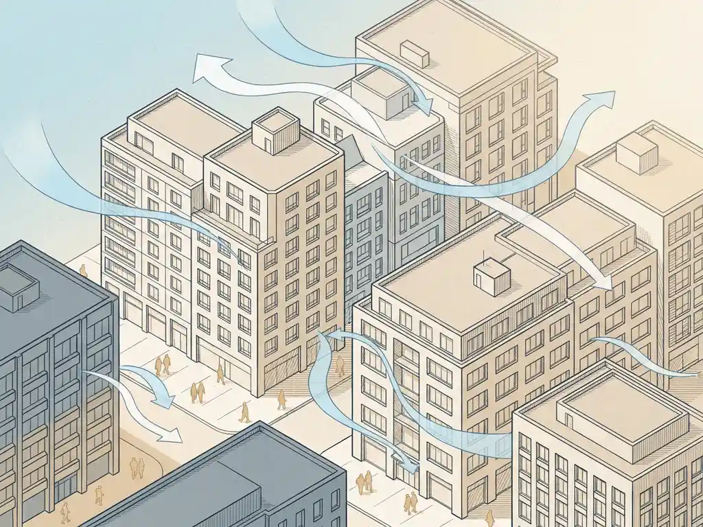 Isometric architectural illustration of wind streamlines flowing around urban buildings, with pedestrian silhouettes at street level in blue, sand, and grey tones.