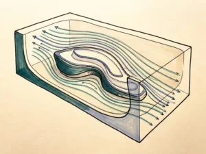 Architectural wind tunnel model with teal and cobalt airflow streamlines and arrows tracing aerodynamic patterns around a building form.