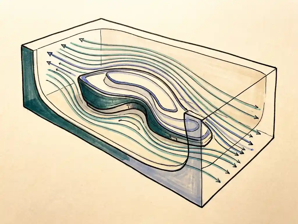 Architectural wind tunnel model with teal and cobalt airflow streamlines and arrows tracing aerodynamic patterns around a building form.