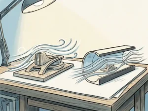 Wind streamlines flowing around an architectural model and wind tunnel cross-section on a drafting table, hand-drawn illustration in blue, ivory, and grey.