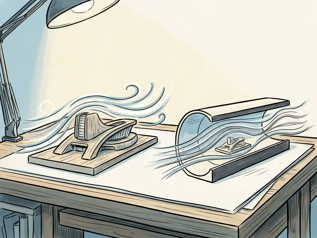 Wind streamlines flowing around an architectural model and wind tunnel cross-section on a drafting table, hand-drawn illustration in blue, ivory, and grey.