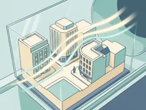 Miniature city block scale model in a wind tunnel with teal ribbon-like airflow streamlines curving around building facades, small human figure for scale.