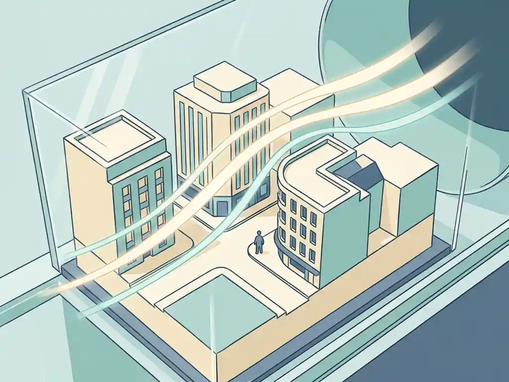 Miniature city block scale model in a wind tunnel with teal ribbon-like airflow streamlines curving around building facades, small human figure for scale.